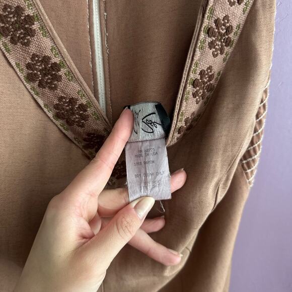 Vintage Wild Rose Warm Brown Wide-Leg Rayon Jumpsuit Boho Chic Coastal Cowgirl - Picture 8 of 9